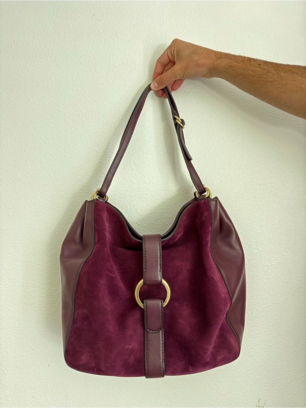 Michael Kors Burgundy Suede & Leather Shoulder Hobo with Gold Ring